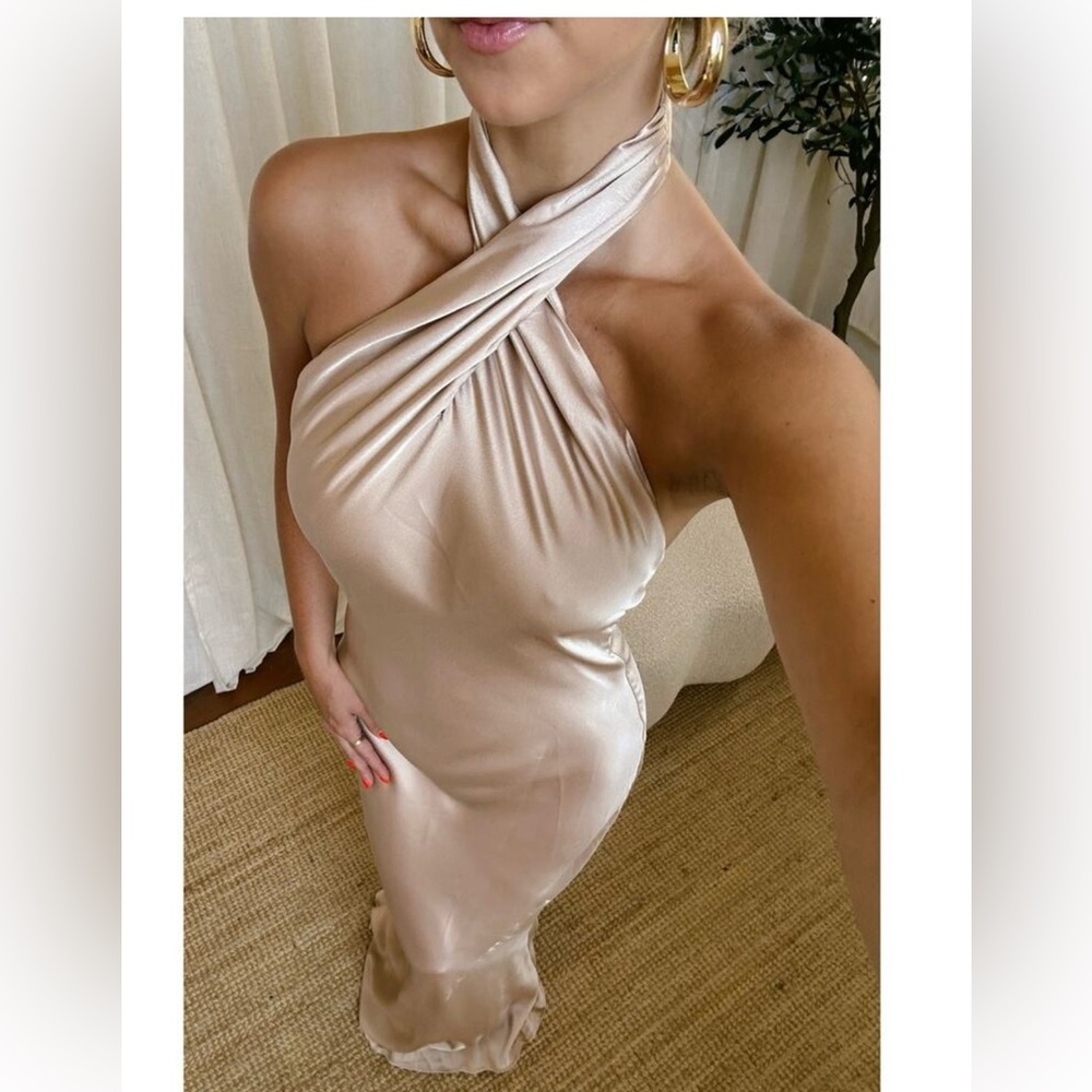 Show Me Your Mumu Jasmine Halter Maxi Dress Champagne Luxe Satin XS NWT